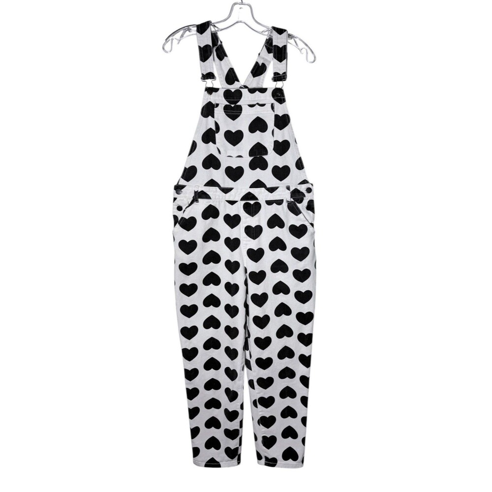 Lazy Oaf Black Heart Denim Overalls UK Size 8 US Size 4 32” Waist 25” Inseam - Picture 2 of 10